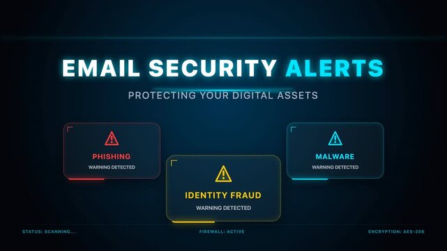 Digital email security alerts for phishing and malware on a dark background, perfect for cybersecurity, training and data protection