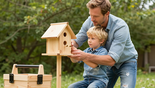 Father Son Building Wood Birdhouse