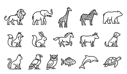 Wild and Domestic Animal Outline Icons Collection for Educational Projects © Songkari