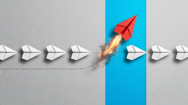 Red paper airplane breaks formation with fiery launch