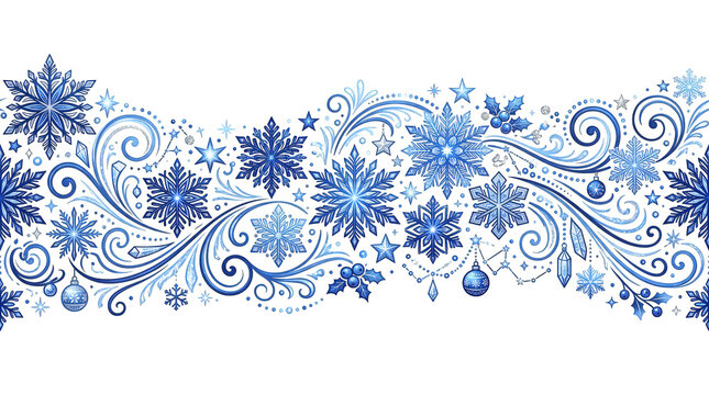 Blue snowflakes and swirling patterns on a transparent background for winter or christmas designs and decorations isolated on transparent background