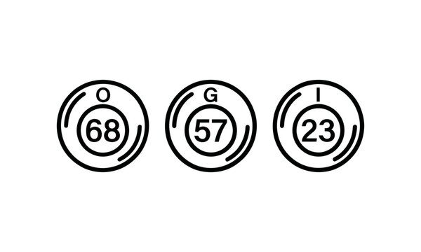 Three black and white line art bingo balls with letters O, G, I and numbers 68, 57, 23.