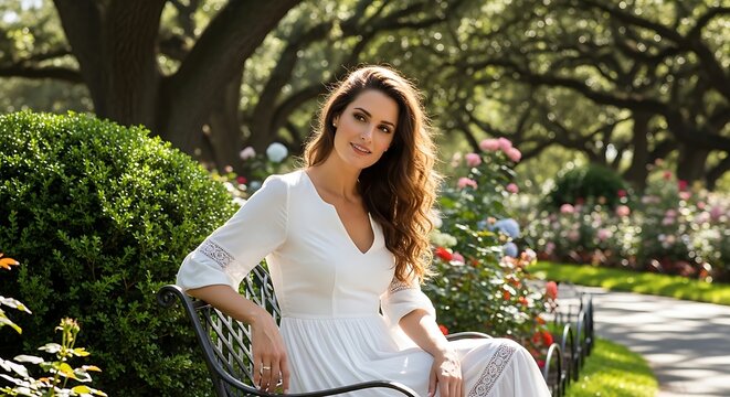 Elegant Young Woman Sitting on Garden Bench in Sunny Park