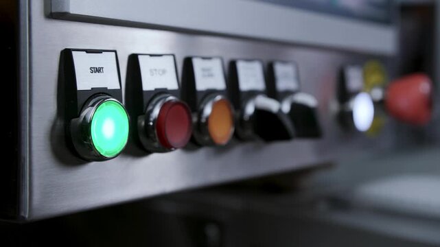 Close-up of a person pressing illuminated green start button on industrial control panel. Factory machine operation, automation system control, manufacturing equipment startup and industrial technolog