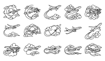 Vintage Airplane and Travel Doodle Icons Collection for Adventure Themes © Songkari