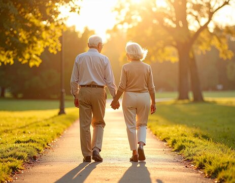 Senior couple holding hands on a tree-lined path at dusk