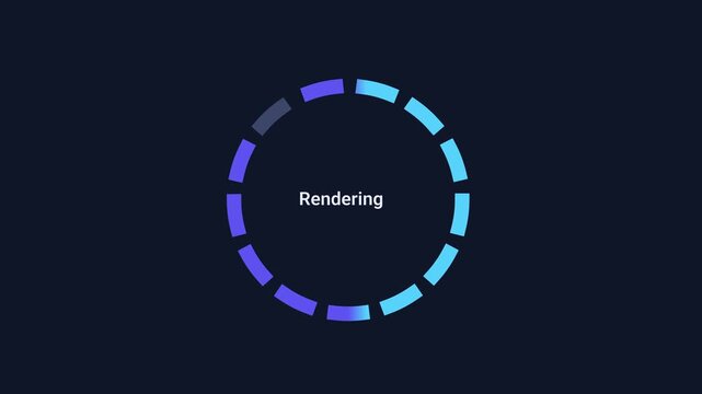 Animated digital interface displaying a rendering status ring with segmented progress indicator on a dark background, representing content generation, visual processing, workflow execution, and comput