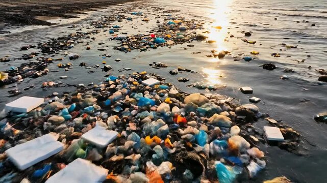 Ocean debris floating in murky water during sunset with sun flare