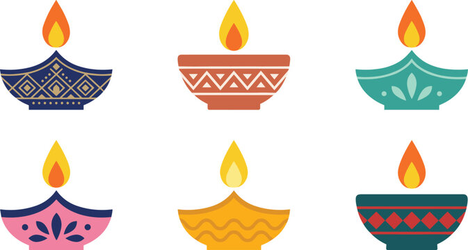 Diwali Diya Oil Lamp Icon Set with Traditional Decorative Patterns and Burning Flame Symbols for Deepavali Festival Holiday Graphic Designs