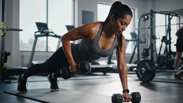 Focused woman does dumbbell push-ups and row exercises during fitness workout in modern gym