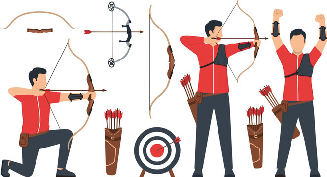Archery Sport Vector Character Set with Archer Aiming Shooting Bow and Arrow Bullseye Target Quiver and Compound Bow Equipment for Tournament Graphic Designs