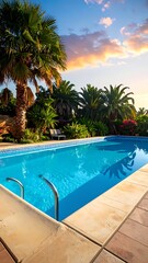 Obraz premium Serene outdoor swimming pool at sunset.