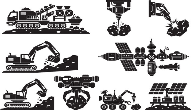 Black and white of construction mining and space exploration machinery construction equipment mining equipment