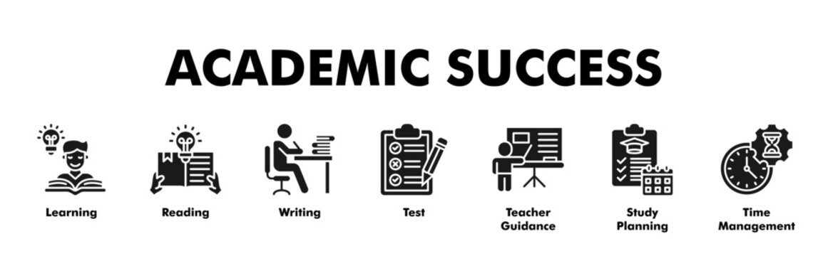ACADEMIC SUCCESS web banner icon vector illustration concept with icon of Learning, Reading, Writing, Test, Teacher Guidance, Study Planning, Time Management 