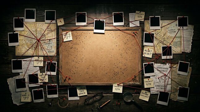 Empty investigation corkboard with surrounding clue maps and polaroids connected by strings cold case detective work