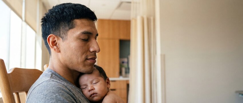Latino father holding newborn baby in hospital room, Hispanic dad bonding with sleeping infant child, tender parenting moment, peaceful new family portrait, emotional concept of fatherhood and love..