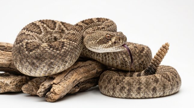 Coiled Western Diamondback Rattlesnake, a venomous reptile with intricate scale patterns, resting on natural wood branches, showcasing its distinctive rattle and forked tongue