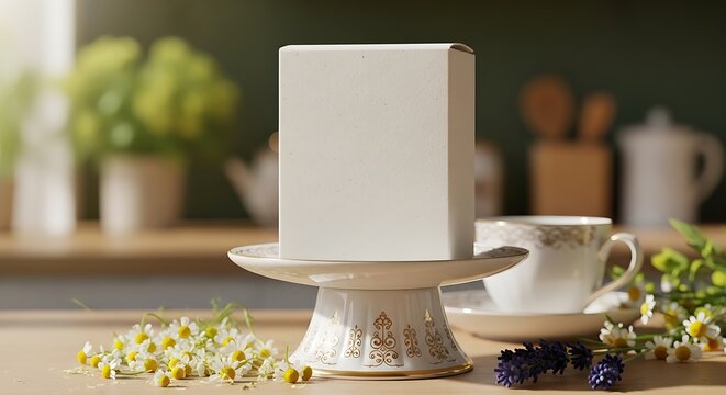 Blank white square paper box standing on a decorative cake stand in a cozy home kitchen with flowers nearby