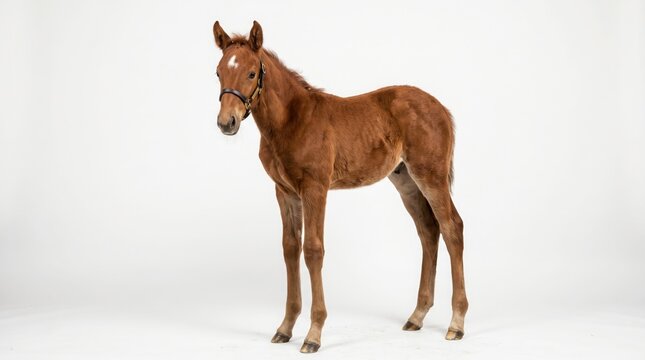 Adorable brown foal, a young horse with a white blaze, standing gracefully on a clean white background, perfect for equestrian themes and animal welfare campaigns.