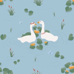 Cute goose couple seamless pattern on a pond with lily pads and water flowers © Tamila Smahliuk