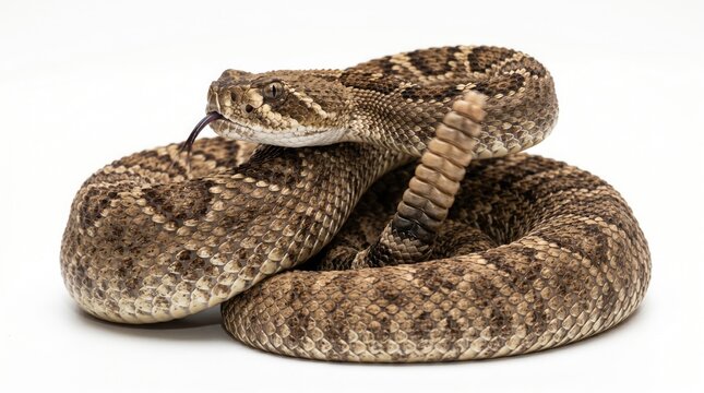 Coiled rattlesnake with tongue extended, a dangerous venomous reptile. Diamondback snake, a wild animal in a defensive posture, perfect for wildlife education or nature conservation themes.