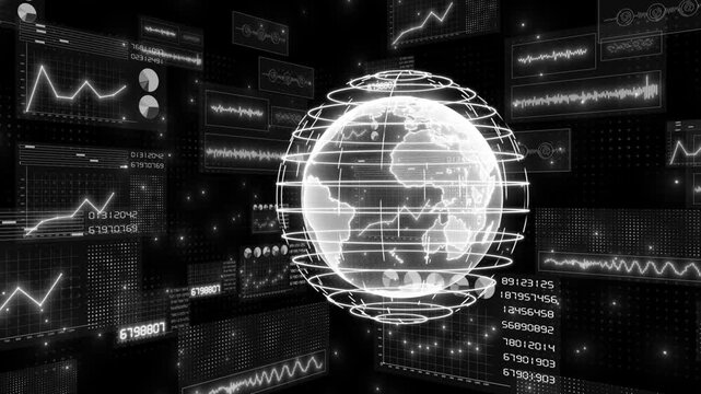 White color futuristic globe with futuristic head up display (HUD UI) technology interface screen and chat panel advanced data analysis algorithms analysis algorithms dashboard display black technolog