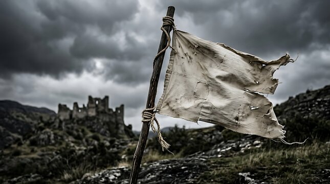 Worn white surrender flag fluttering on a wooden post against a backdrop of ancient stone castle ruins with surrender, medieval