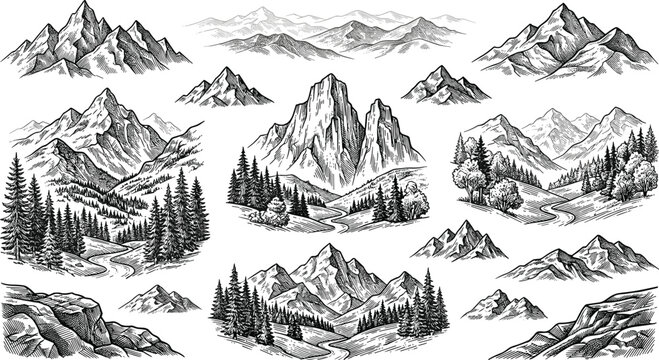 vintage hand drawn mountain peaks and pine forest landscape sketch elements set ai generated isolated vector illustration