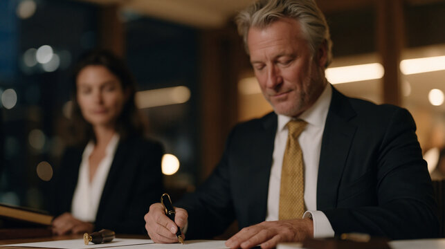 Senior vice president and outside legal counsel finalizing a merger contract signing in a glass-walled executive boardroom at dusk, notary public applying seal to last signature