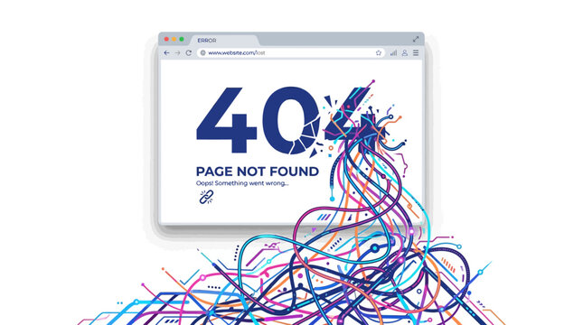 404 Page Not Found Error In Browser Window With Unraveling Digital Wires And Circuit Lines For Website Failure Concept