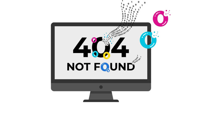 404 Not Found Error On Computer Screen With Binary Code Data Loss And Colorful Bubbles For Website Failure Concept Illustration