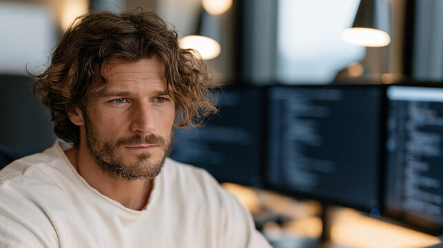 Software developer reviewing smart contract payment code displayed across multiple monitors in rain-soaked rooftop server room, blockchain transaction execution logic visible,