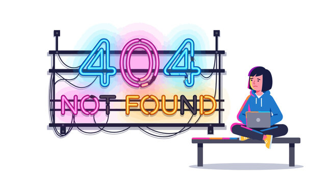 404 Not Found Neon Sign Error Page Illustration With Blue Pink Yellow Lights And Sad Woman On Bench With Laptop For Website Missing Link Concept Internet Failure Lost Connection UI UX Design Template.