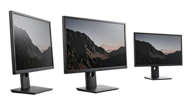 Three modern computer monitors, showcasing a mountain landscape display, arranged against a black background, angled for presentation