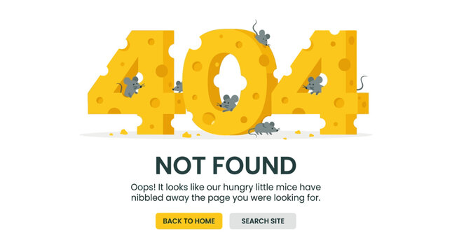 404 Not Found Error With Cheese Numbers Eaten By Cute Mice For Funny Website Missing Page And Broken Link Concept Illustration