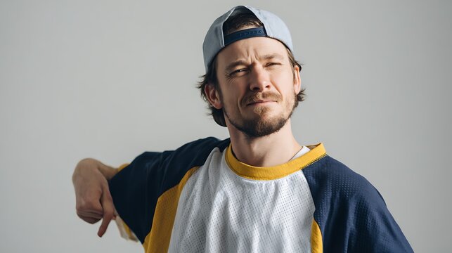 A man wearing a baseball cap and a white, yellow, and blue shirt points downwards with a skeptical expression on his face in a studio setting