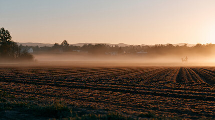 early morning mist over an agricultural field on the first day of autumn equinox with a lone farmworker silhouette visible at the field edge ideal for seasonal harvest editorial