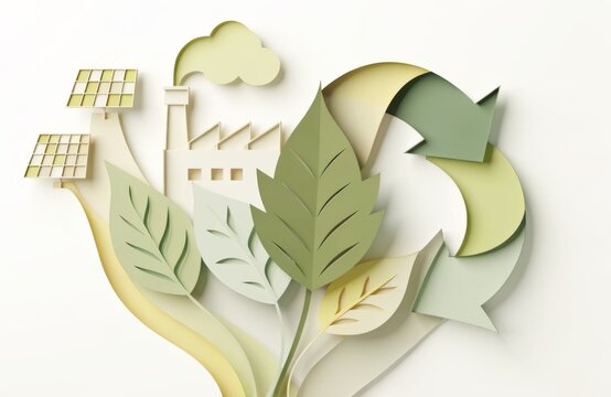 Paper cut style illustration of sustainability with solar panels and factory