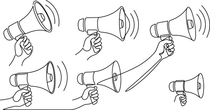continuous one line drawing of hand holding megaphone set for announcement and protest concept ai generated vector illustration
