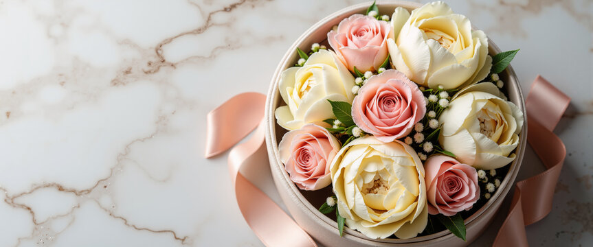 Roses and peonies in hat box for Mother's Day gift blogs, floral arrangement websites