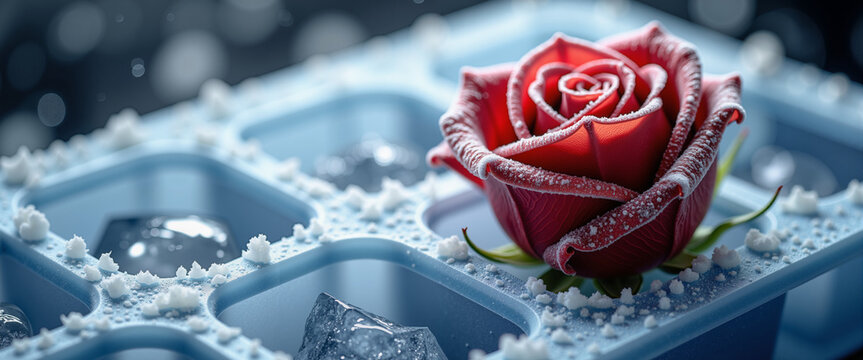 Red rose in ice cube tray with frost for winter holiday blogs, creative seasonal designs