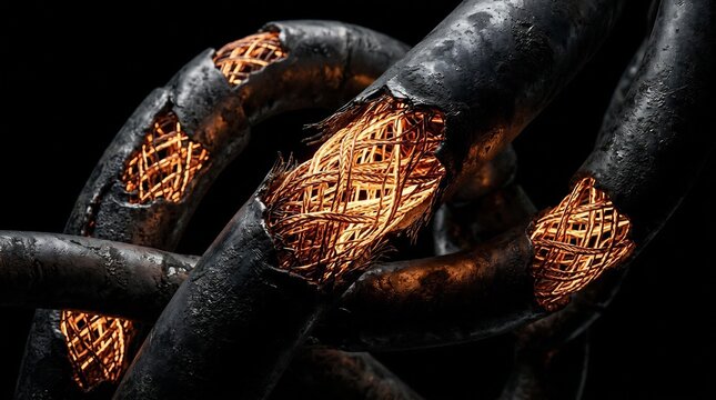 Damaged electrical cable revealing glowing copper wires against dark background.