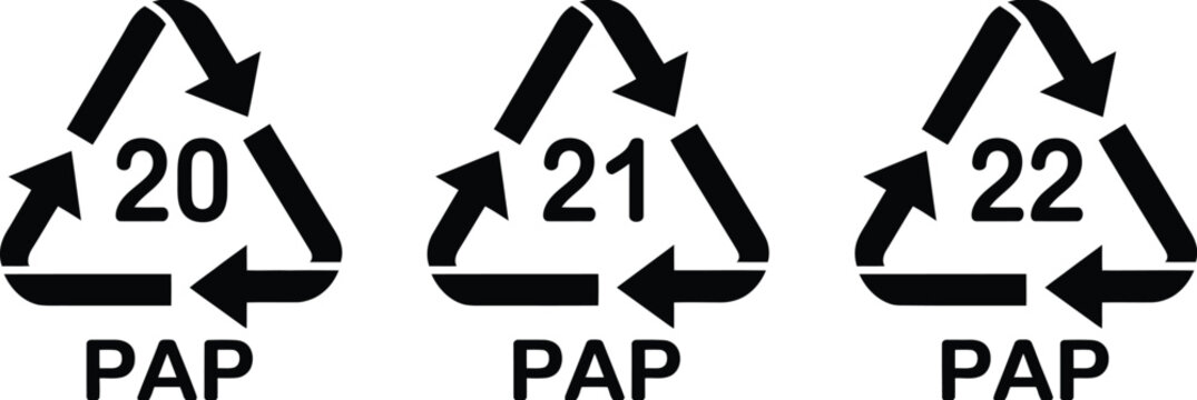Three black recycling symbols with numbers 20 21 22 and p a p text