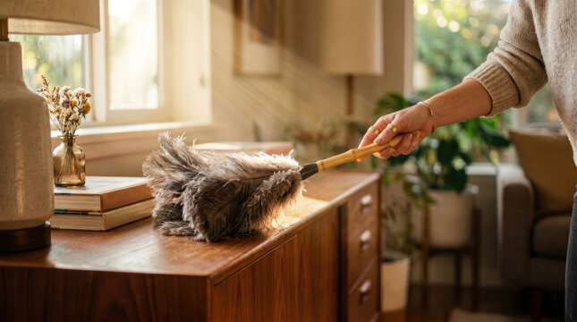 Womans hand dusting wooden furniture with a feather duster in a sunny room