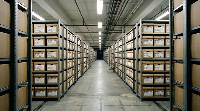 Industrial warehouse interior with rows of metal shelves containing archived documents warehouse shelving business