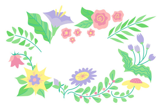 Colorful floral frame with leaves and flowers in flat vector style. Decorative botanical border with copy space, perfect for greeting cards, invitations, wellness and spring designs