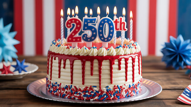 Red white and blue anniversary cake with 250th candles and patriotic sprinkles, festive independence day dessert on a silver platter, american flag background.