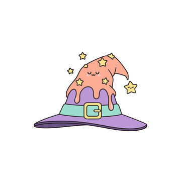Colorful cartoon witch hat smiling face.