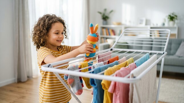 A young child holds a stuffed toy while hanging clothes on a drying rack. The room is bright with natural light and has a cozy feel. There are various colorful items on the rack