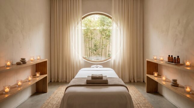 Luxury minimalist spa room with a massage table and a circular window overlooking a bamboo garden.